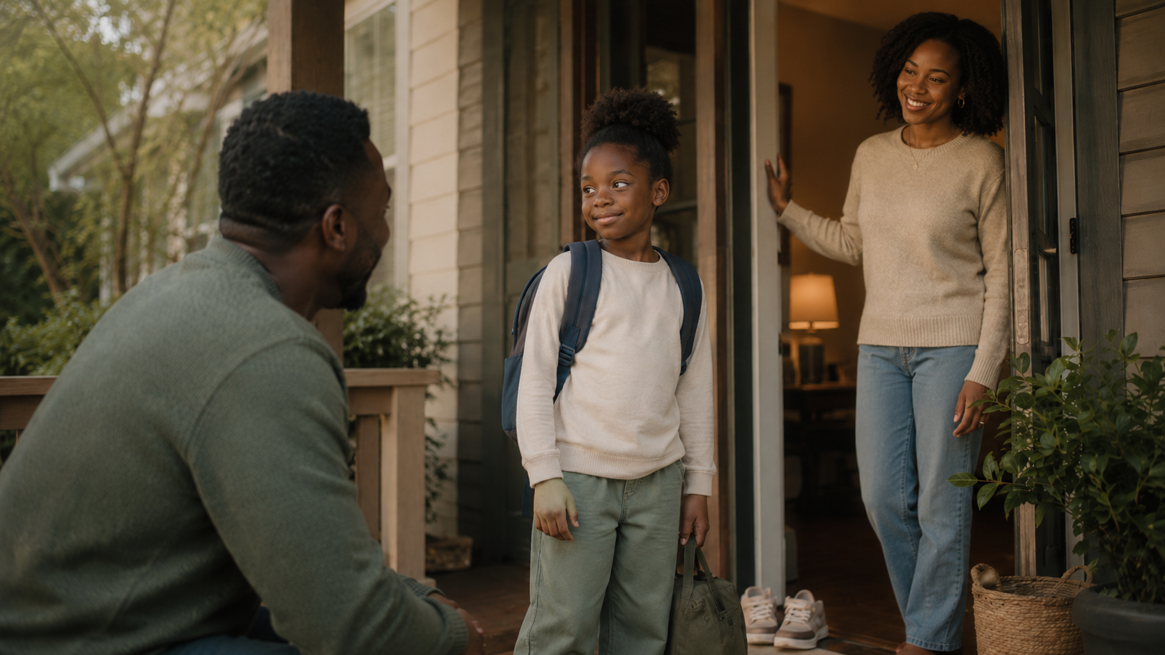 A calm family moment on a porch, suggesting stability, care, and a grounded transition during family change.